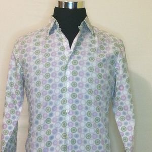 Perry Ellis Mens Green/Red Circle Pattern Shirt